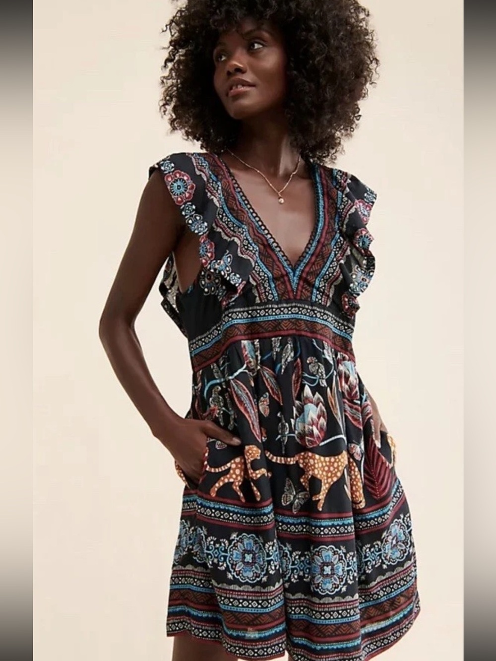Anthropologie Deep V-Neck Plunge Tunic Mini‎ Dress Size M Cats Tribal Print